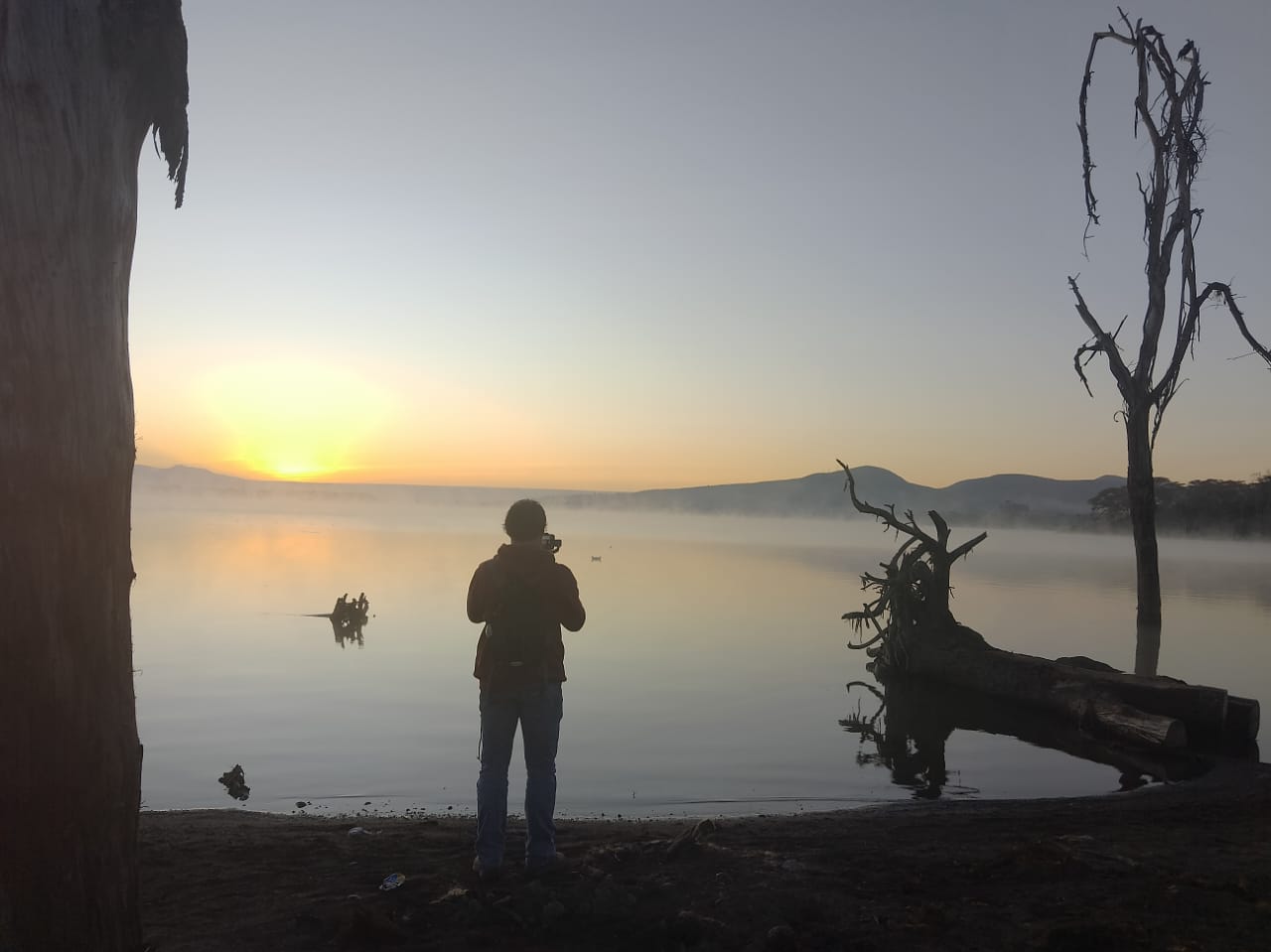 A silhouette of a man and trees at a silvery lakeshore at dawn with orange sky